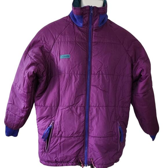 Columbia Vtg 90's Reversible Puffer Jacket  Teal & Purple attachable hood W LG - Picture 1 of 16